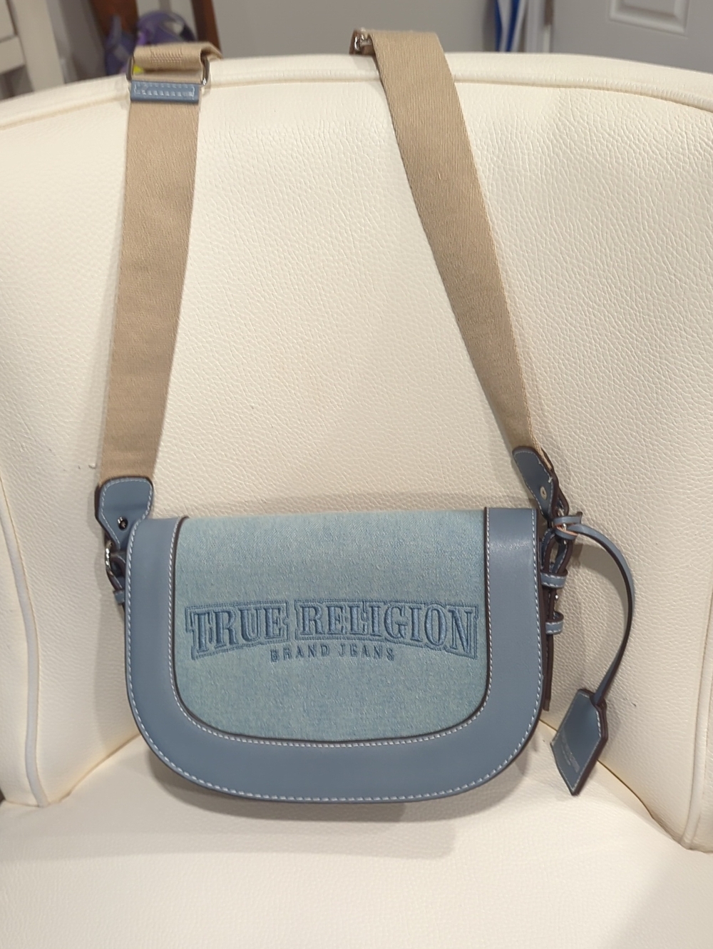 True Religion Light Blue Denim & Faux Leather Crossbody with Beige Strap